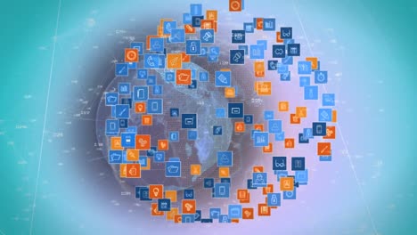 Animation-of-network-of-connections-with-icons-over-globe-and-blue-background