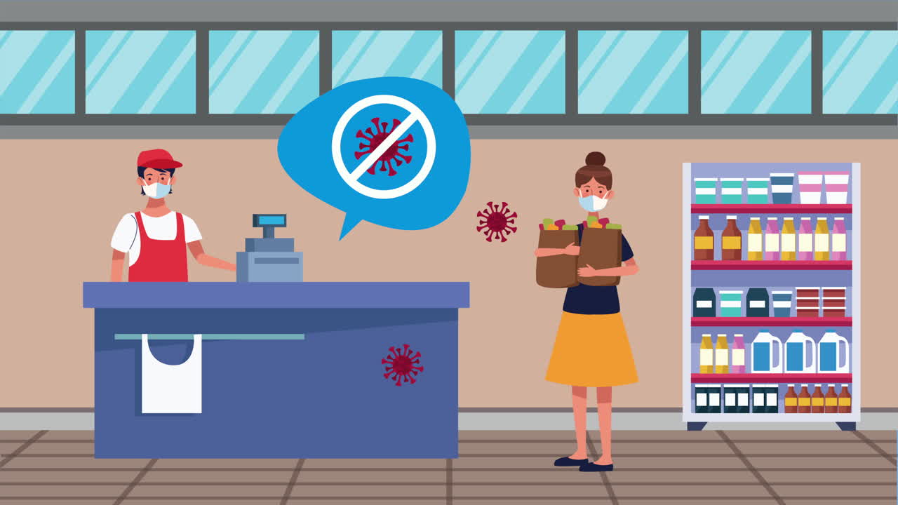 슈퍼마켓 판매자와 여성 고객과 함께 코로나19 캠페인을 중단하십시오.