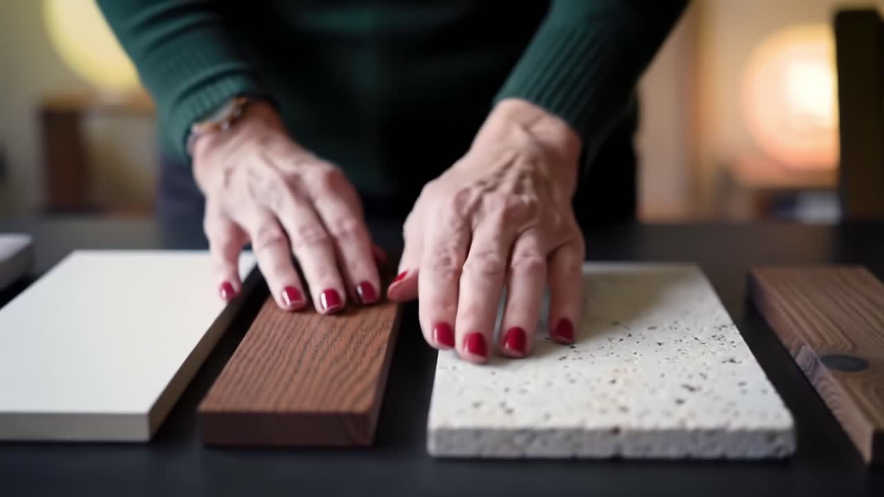 Exploring Texture and Material: A Close-Up Examination of Various Surface Samples with Hands in Focus, Highlighting Design Choices and Craftsmanship