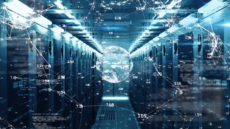 Animation of network of connections, globe and data processing against computer server room