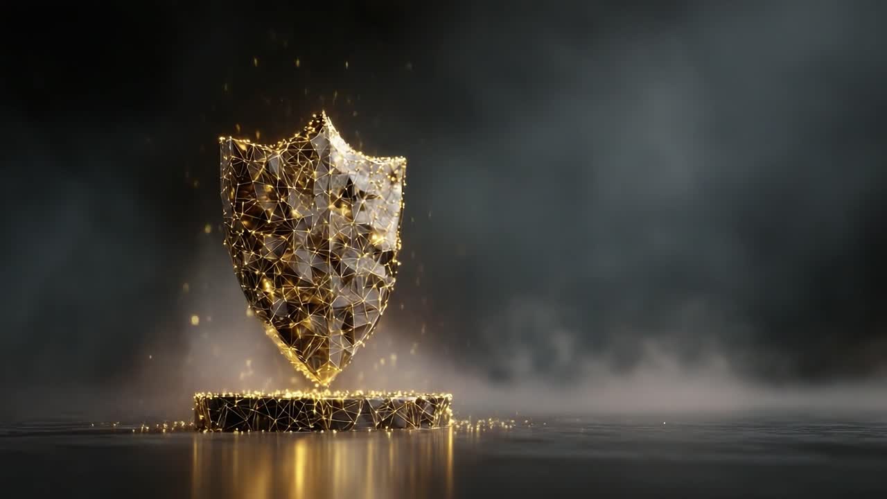 A Stunning Visual of a Glowing, Fragmented Shield Emanating Radiance and Symbolizing Protection and Security Amidst a Dark, Mysterious Background