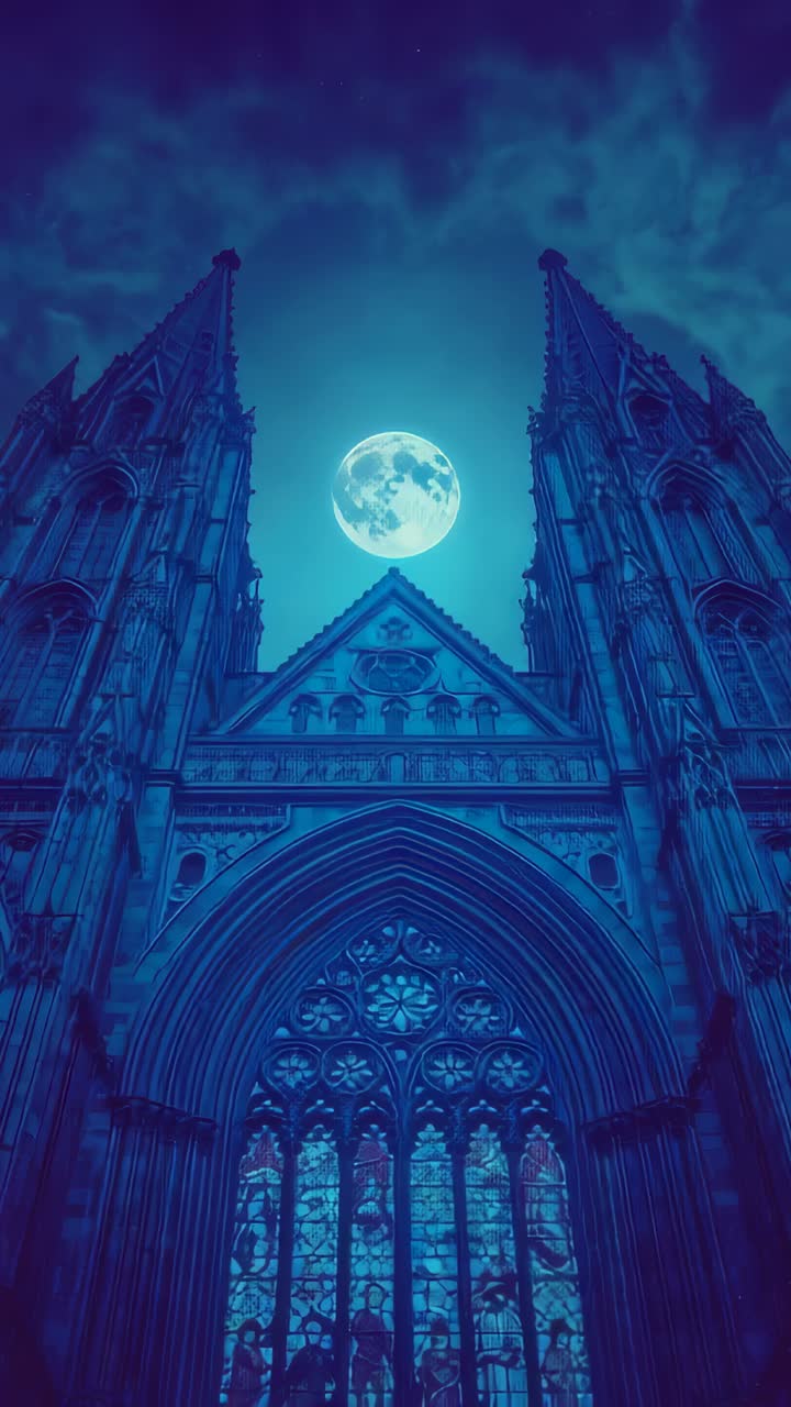 Vertical video: Framing church front, moonlight bathing rose window, spires while clouds shifting