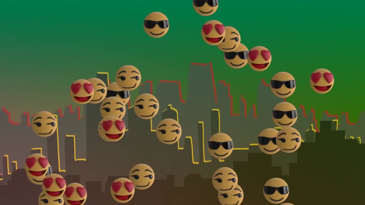 초록색 배경에 도시 풍경 위에 여러 이모지 아이콘의 애니메이션