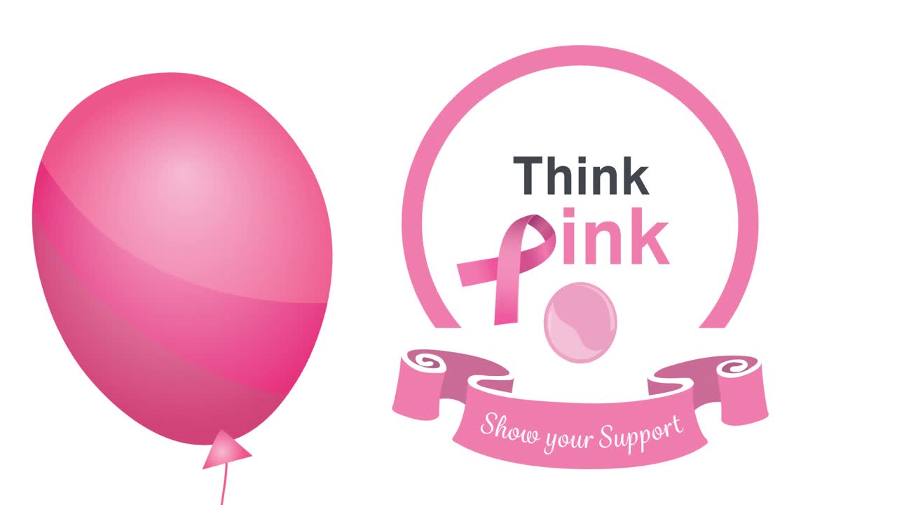 animación de un globo rosa volando sobre el logotipo de la cinta rosa y el texto del cáncer de mama