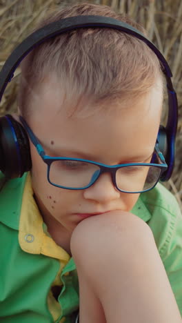 niño con auriculares y gafas centrado en la música, descansando la cabeza sobre la rodilla en un entorno rural sereno, vasta tierra de cultivo en el fondo al atardecer