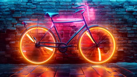 a bicycle is lit up with neon lights against a brick wall