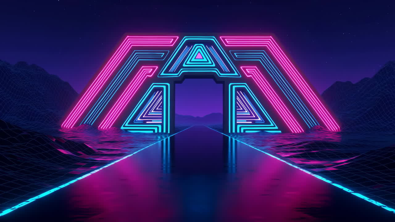 Arco al neon retro-futuristico su un paesaggio a griglia di notte