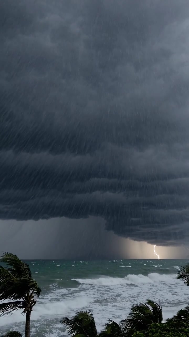 Dramatisk havstorm med kraftig regn og lyn over tropisk strand