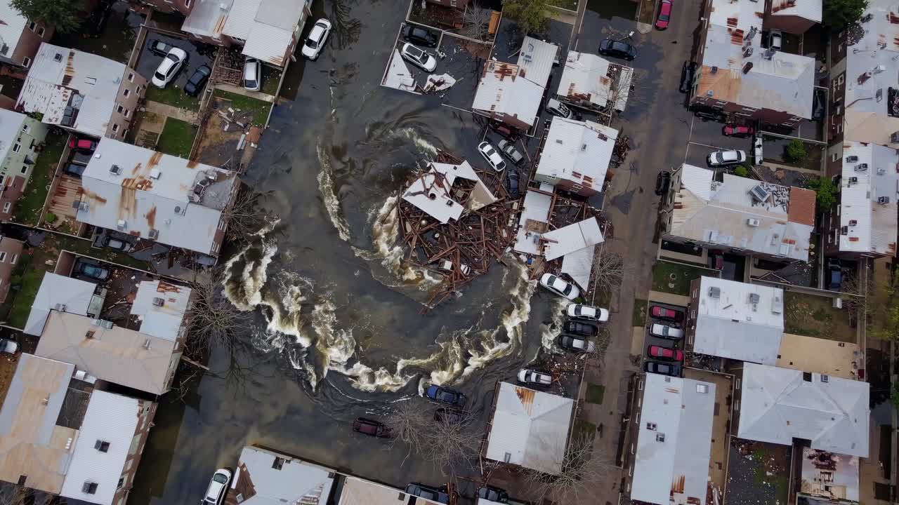 Aerial video captures a flooded neighborhood from a top-down angle, showcasing water damage