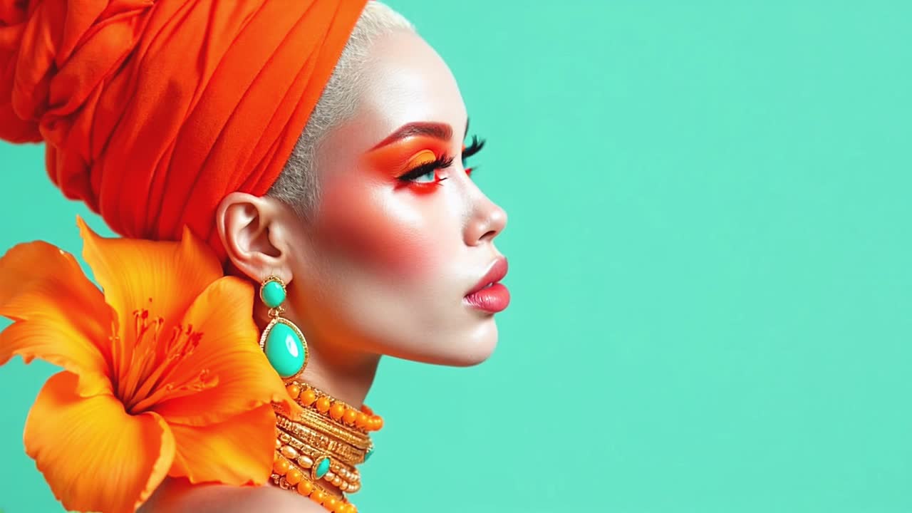 Fashion Portrait of a Woman with Bold Makeup and Accessories