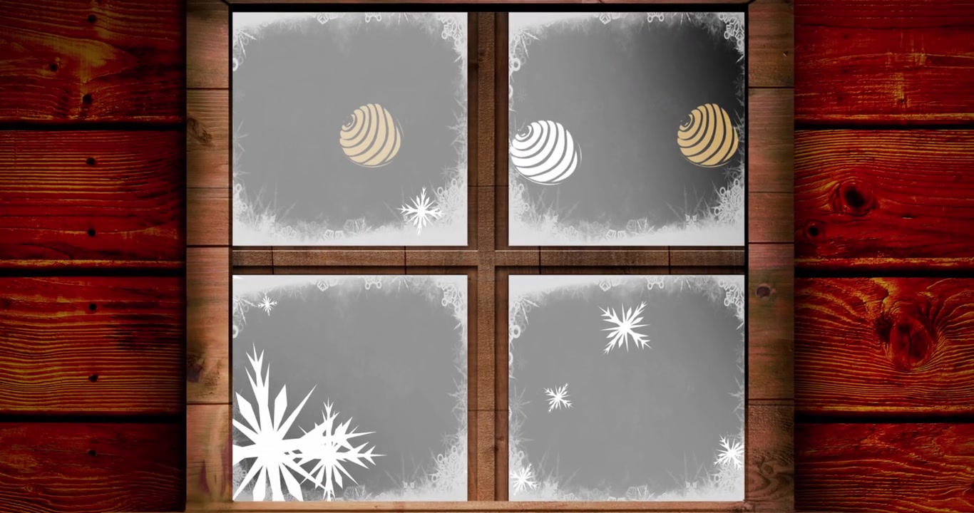 Animation of snow falling over window and christmas winter scenery