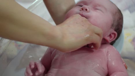 an adorable little baby being given a bath - close up