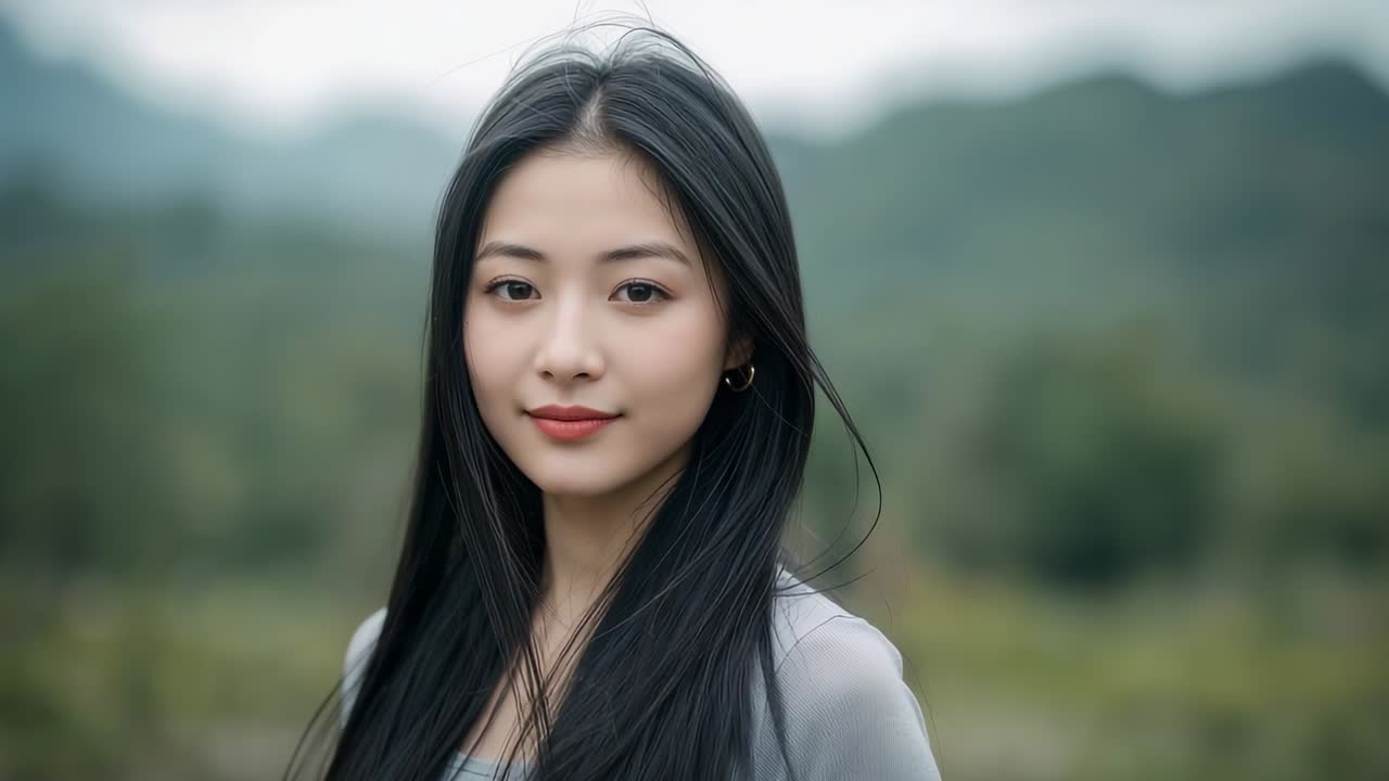 Donna sorridente ammira un ritratto rurale, la telecamera zooma mentre la brezza le solleva i lunghi capelli neri, indossa un top grigio.