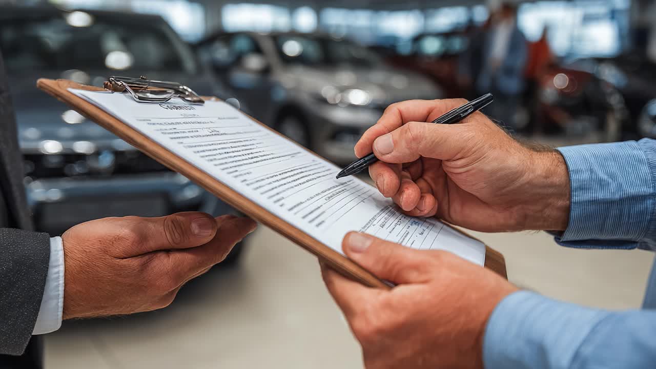 Um Cliente Assinando um Contrato para a Compra de um Carro em uma Concessionária Moderna, Destacando os Passos Finais para Adquirir um Veículo com Documentação e Acordo Adequados