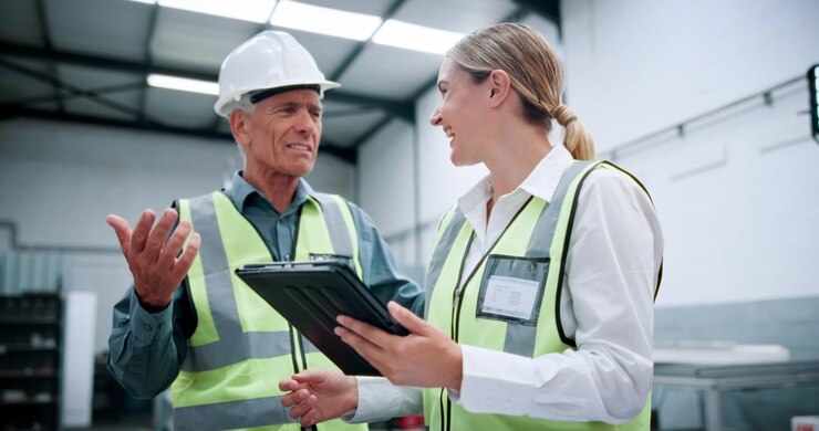 Manager industriali che discutono l'avanzamento del progetto su un tablet in magazzino