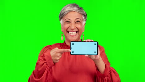 phone, pointing and portrait of a woman on green
