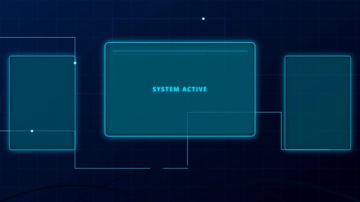 Digital Interface Display with System Active Text and Glowing Blue Lines