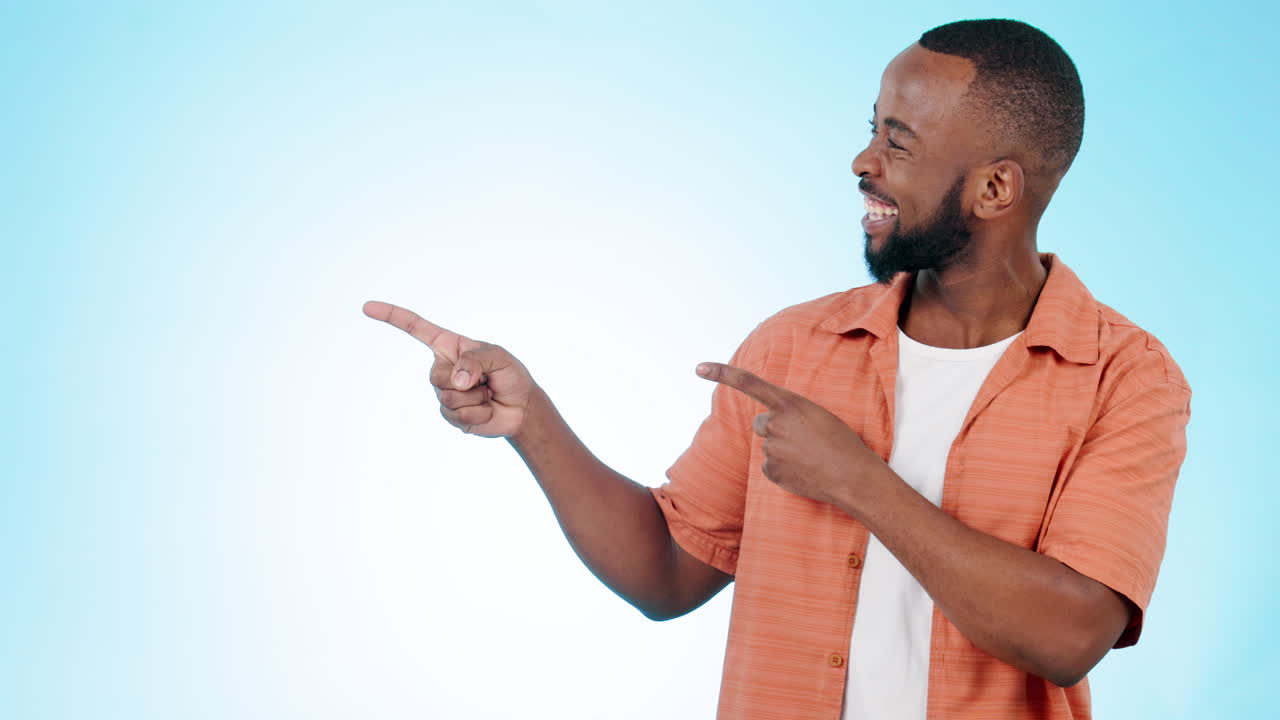 Man, face and advertising presentation in studio