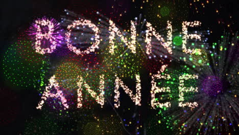 animation of bonne annee text and fireworks on black background