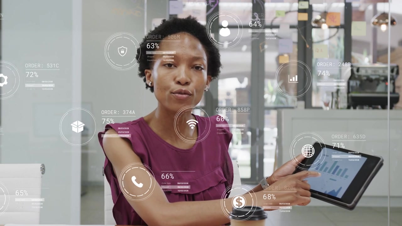 Woman tapping and swiping tablet at meeting table, revealing AR charts, presenting business growth
