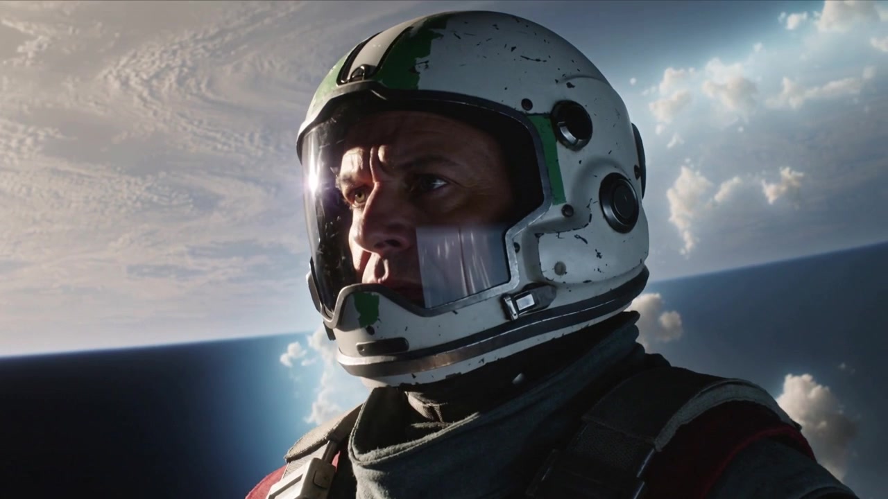 Astronauta in tuta che reagisce al bagliore del sole, alzando lo sguardo e scrutando l'orizzonte del pianeta, con graffi sul casco.