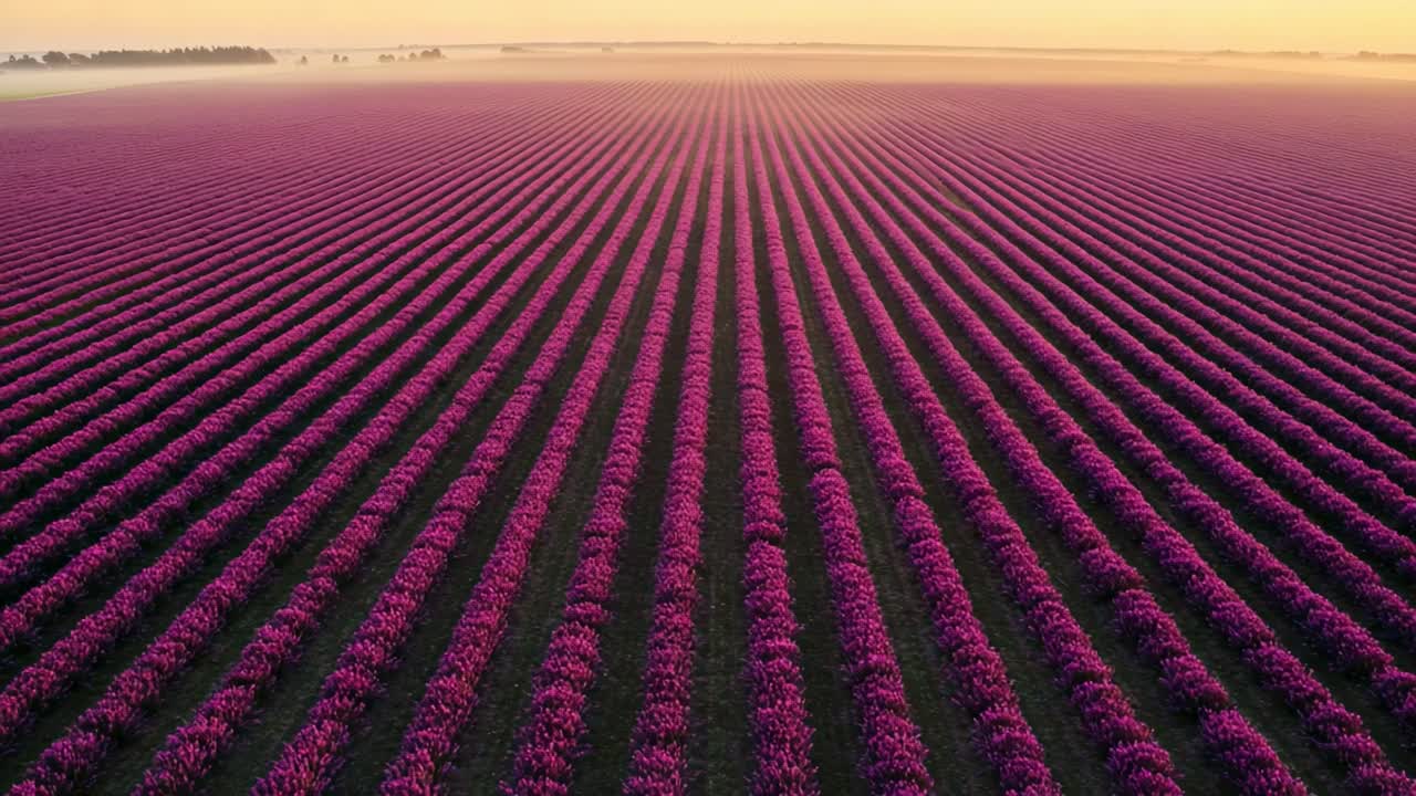 A Breathtaking Aerial View of an Expansive Purple Flower Field at Sunrise, Capturing the Beauty and Symmetry of Nature's Artistry