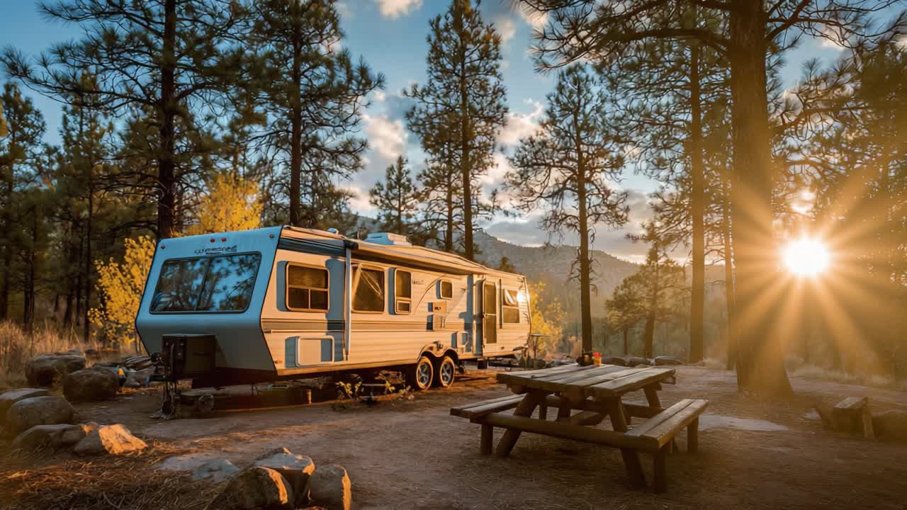 Fredfyldt campingaften: Hyggelig autocamper mellem majestætiske fyrretræer, badet i solnedgangens farver i naturen