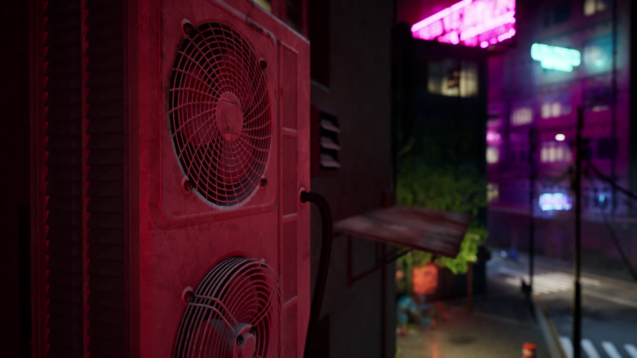 vista nocturna de una ciudad de neón con una unidad de aire acondicionado en primer plano
