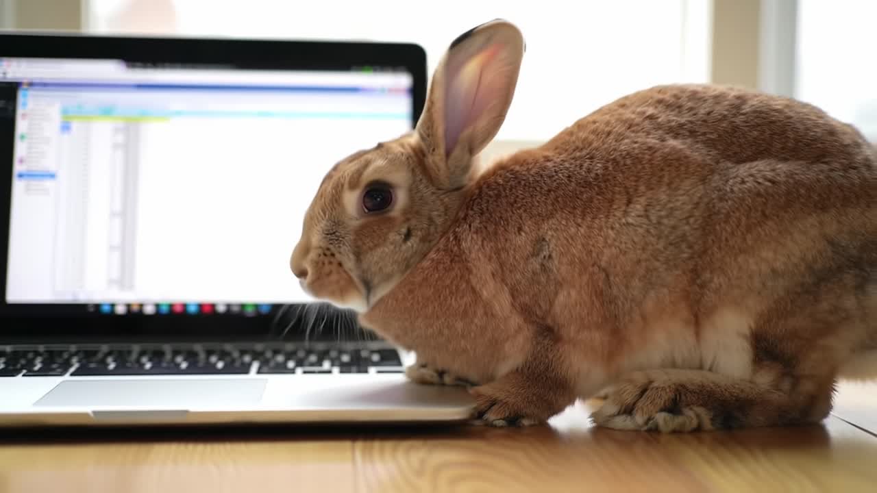 A Curious Rabbit Interacting with a Laptop on a Wooden Table, Showcasing the Playful Nature of Pets While Exploring Technology in a Cozy Environment