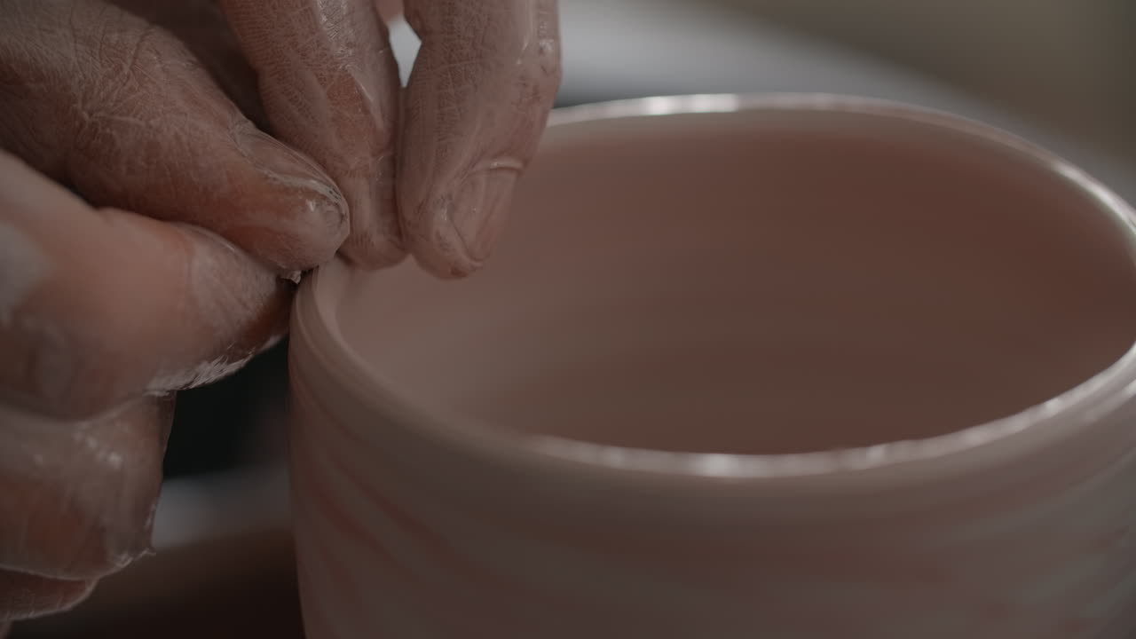 Close-up of hands shaping a ceramic bowl on a pottery wheel