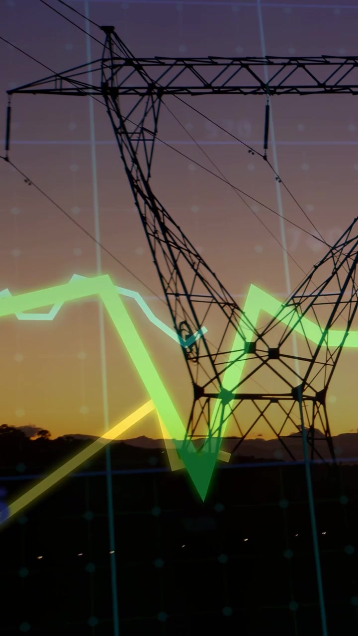 Torre al tramonto, linea verde che entra da sinistra, grafici che scorrono sulla torre attraverso una griglia di dati che mostra l'energia.