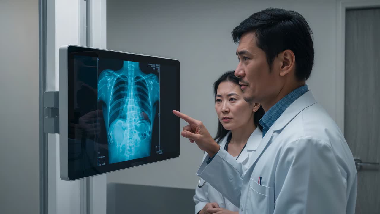 Pointing physician guiding colleague, prompted by lit chest-abdomen scan at clinic with stethoscope