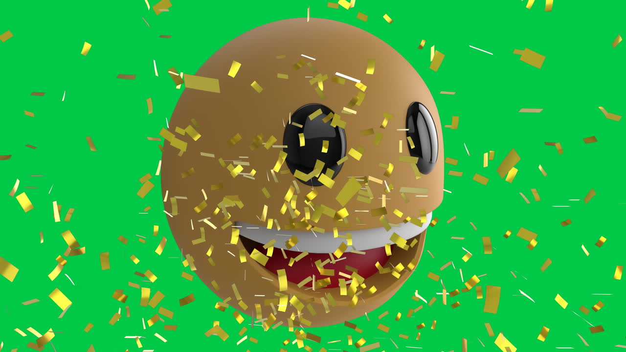 Animation af glad emoji-ikon med konfetti, der falder ned på grøn baggrund.