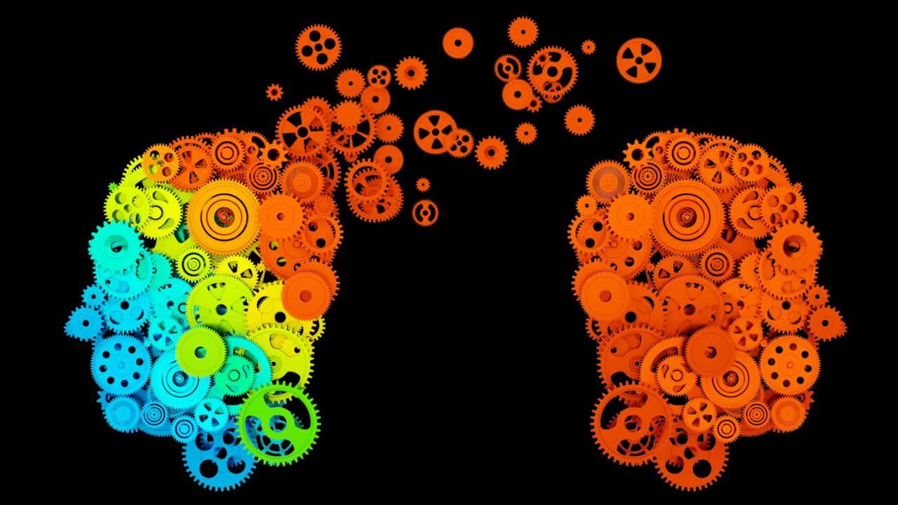 cabeza humana con engranajes. concepto de tecnología de negocios. animación 3d