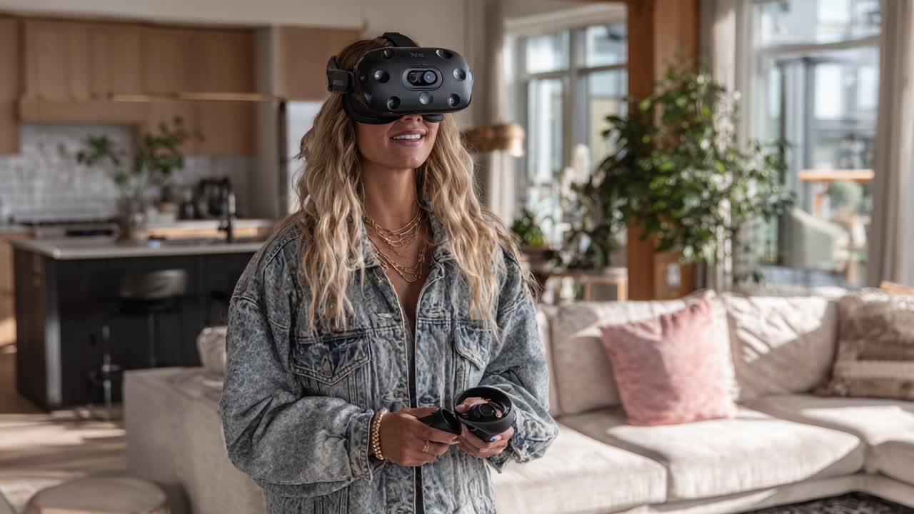 Esperienza di realtà virtuale immersiva: una moderna utente alle prese con una tecnologia all'avanguardia in uno spazio abitativo dal design elegante