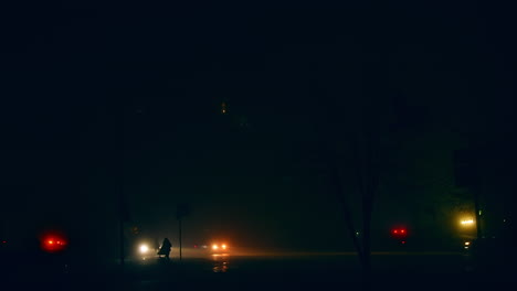 foggy night city street scene