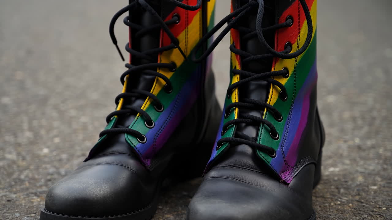Primo piano di anfibi arcobaleno sul marciapiede che mostrano pelle nera, pannelli colorati arcobaleno, lacci intrecciati