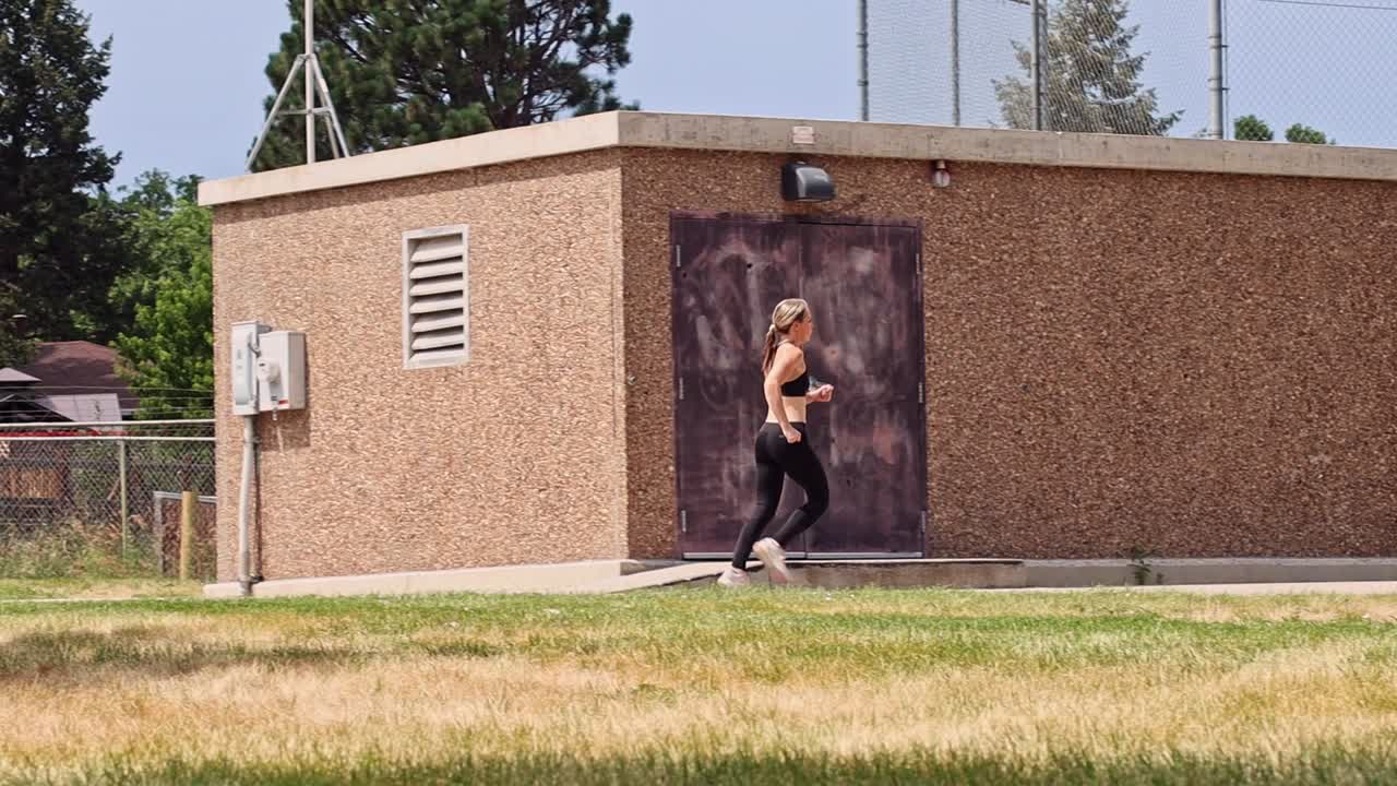 A woman runs alone in a park in a rough part of town. Healthy practices include cardio