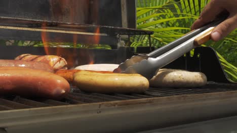 Barbacoa-Día-Soleado-Salchichas-Comida-A-La-Parrilla-Hombres-Colocando-Salchichas-En-El-Fuego-De-La-Barbacoa-Cocina-Cruda