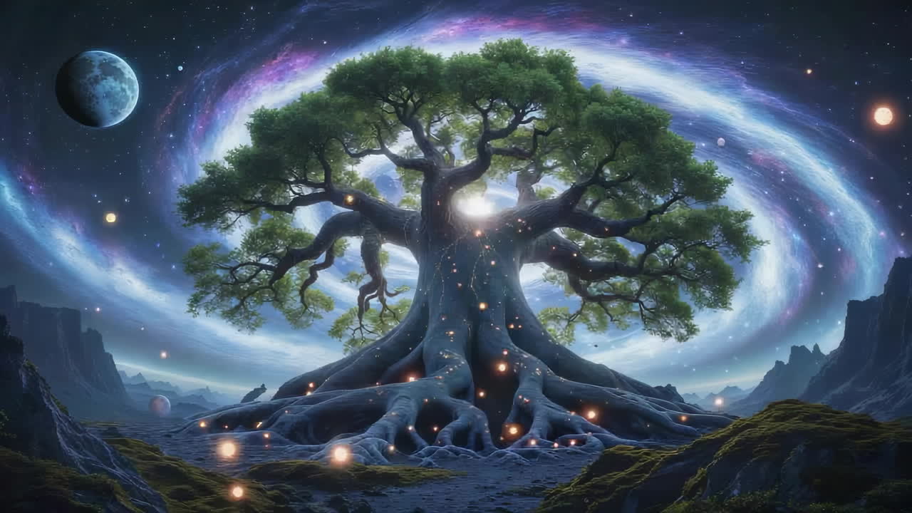 A Majestic Cosmic Tree of Life Glowing Under a Swirling Galaxy and Moon