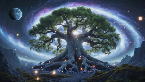 a majestic cosmic tree of life glowing under a swirling galaxy and moon