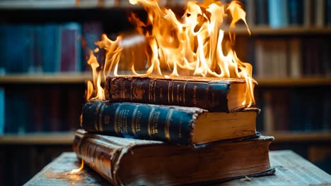 a stack of books sitting on top of a table on fire