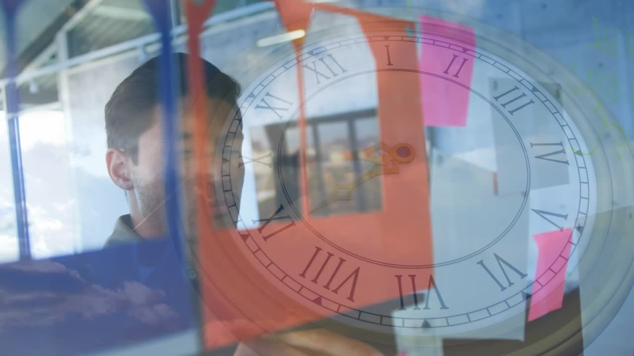 Office professional approaching glass writing notes with analog clock overlay tracking time