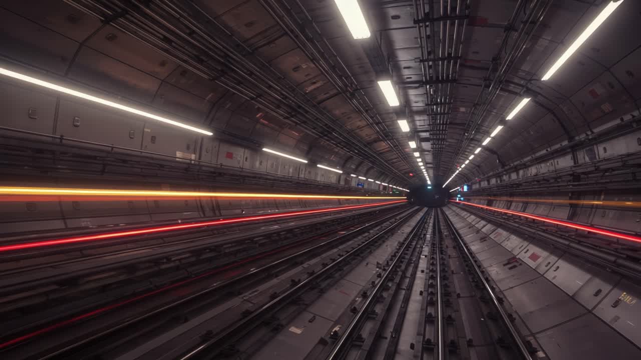 A mesmerizing view of a subway tunnel showcasing the movement of trains captured in two frames, illuminating the contrast between light and shadow in its depths
