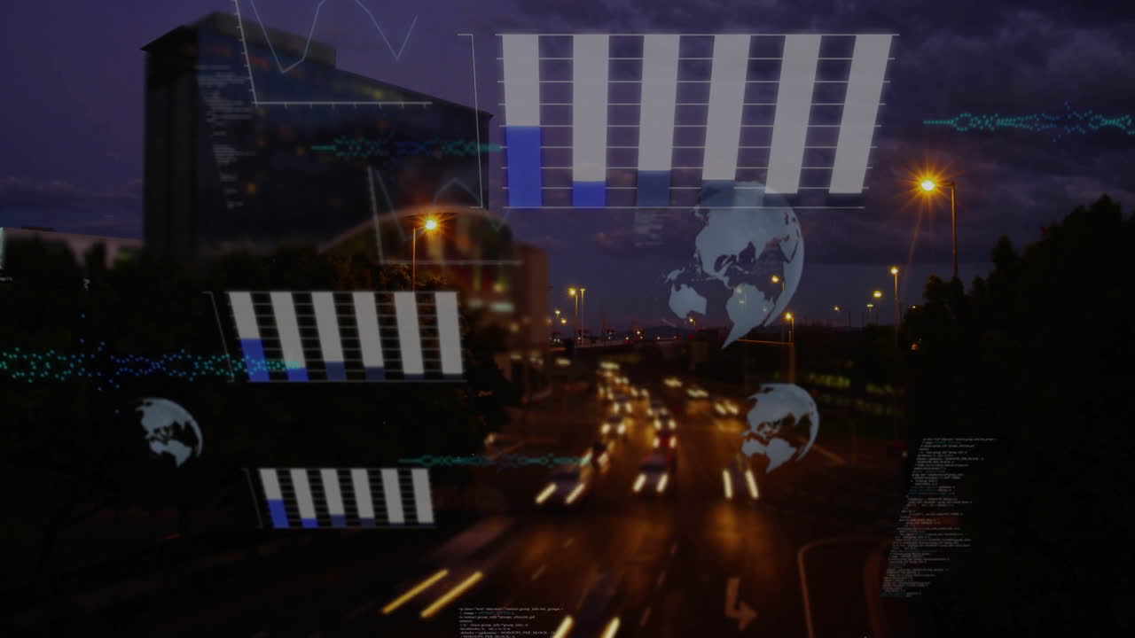 Traffic on busy road with data processing animation over cityscape at night