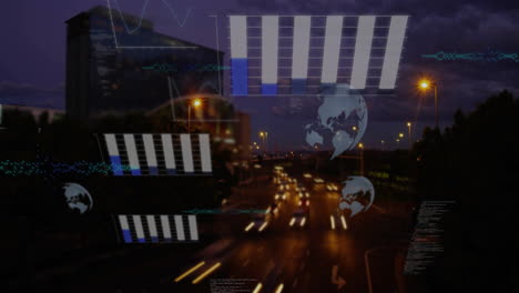 traffic on busy road with data processing animation over cityscape at night