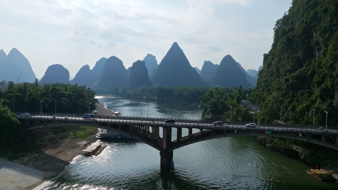 Aerial view in front of traffic on the Yangshuo bridge, summer in Guangxi, China