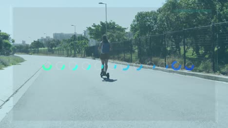 Animación-De-Estadísticas-Y-Gráficos-Sobre-Una-Mujer-Levantando-Una-Scooter-En-Un-Parque