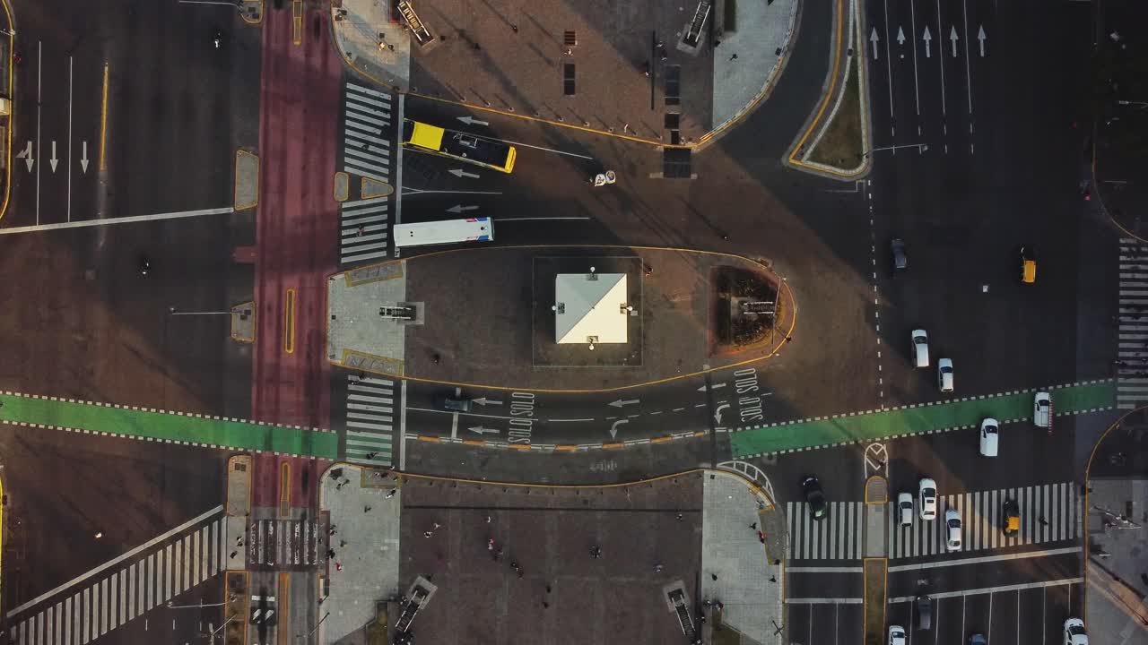 Top Down View of Urban Traffic and Pedestrians at a Roundabout