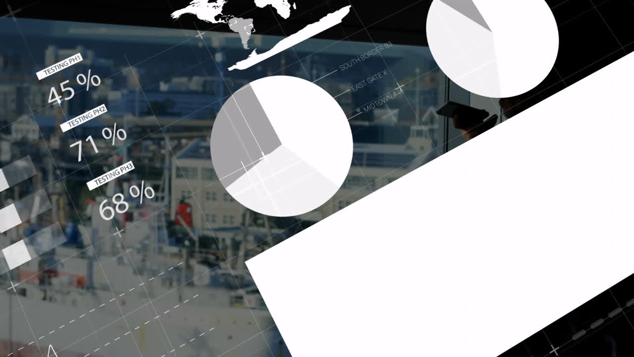 스마트폰을 사용하는 카우카스계 사업가에 대한 금융 데이터 처리 애니메이션